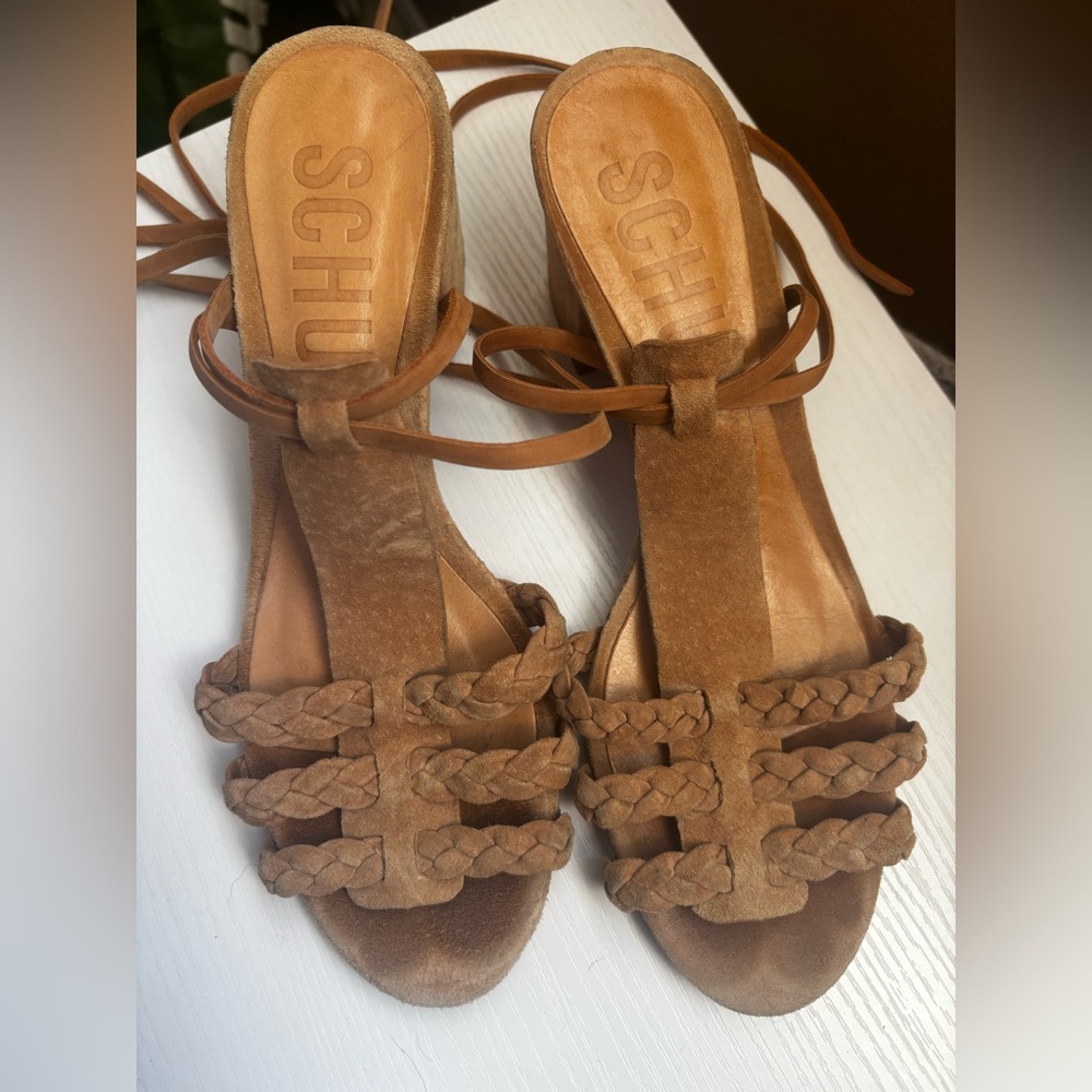 Schutz Lace-Up Leather Sandals Size 7.5B Brown Braided Strappy Block Heel